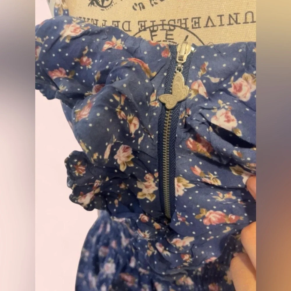 Y2K Navy Blue Floral Ruffle Mini Dress Womens Size S - Picture 5 of 5